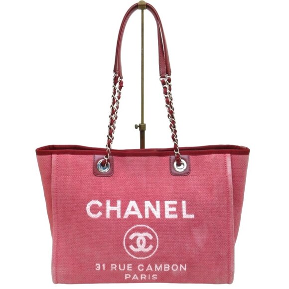 RARE! Authentic CHANEL CC Canvas Deauville Tote MM Pink Red Chain Shoulder Bag - Picture 1 of 8